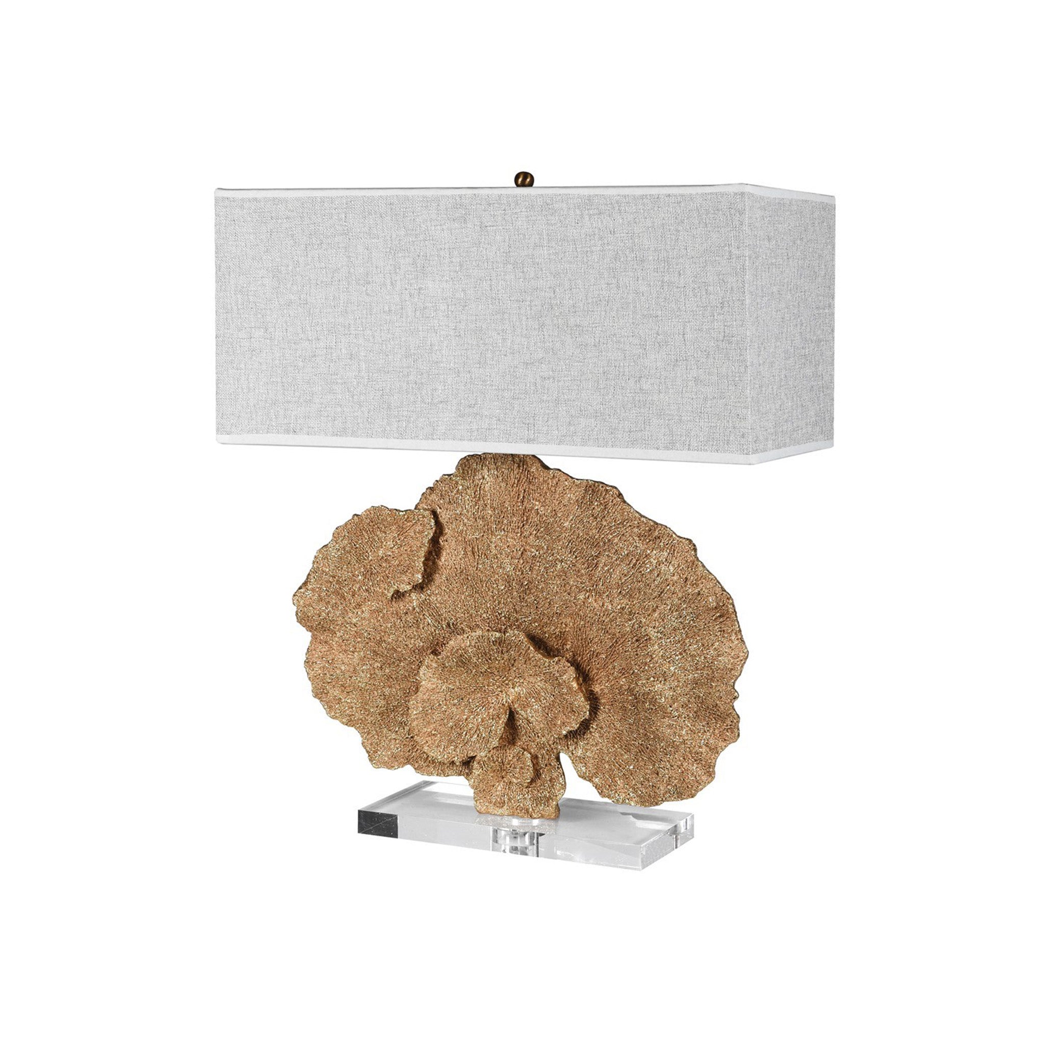 A beautiful gold faux coral lamp with a clear perspex base, and a rectangular grey linen shade. Dimensions: H:640 W:550 D:250 mm Materials: Resin / PVC Delivery: 7-10 days